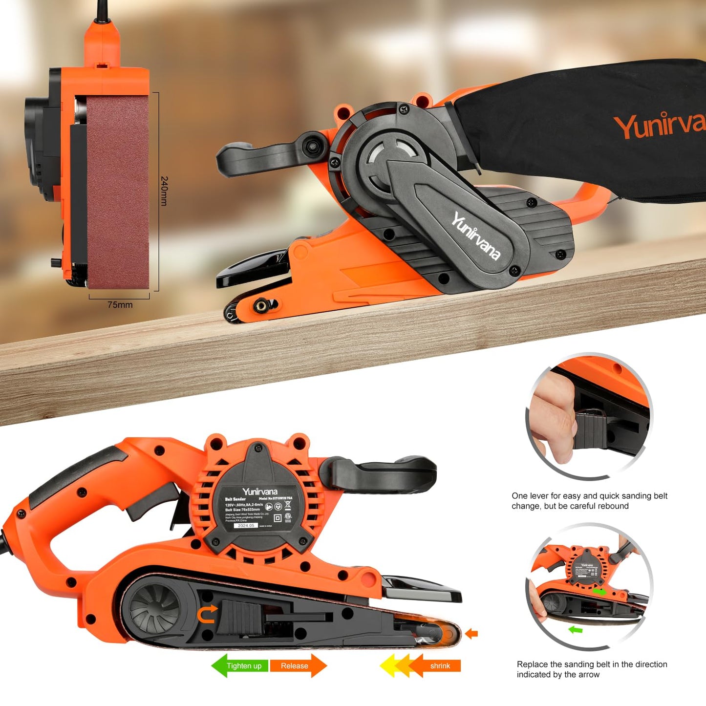 Yunirvana 8 Amp Belt Sander Variable Speed 120-380RPM Includes 5 Sanding Belts (3x21 Inch) and Dust Bag Ideal for Stock Removal - WoodArtSupply