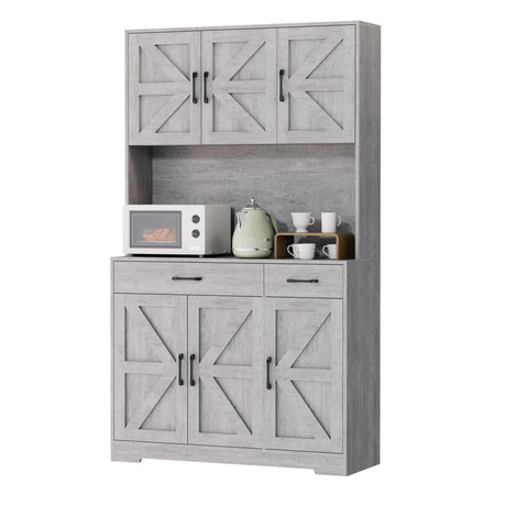 Azaeahom 71" Pantry Cabinet with Charging Station, Kitchen Storage Cabinet with Microwave Stand, 8-Zone Organization, 2 Smooth-Glide Drawers, Open Countertop for Dining, Kitchen, Living Room (Gray) Azaeahom