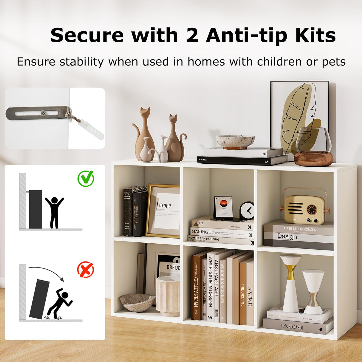 IFANNY 6 Cube Bookcase, Horizontal Bookshelf with 6 Open Cubes, Wood Bookshelves & Bookcases, Modern Display Shelf, Bookshelf for Bedroom, Living Room, Kids Rooms, Study (White, 6 Cubes) IFANNY