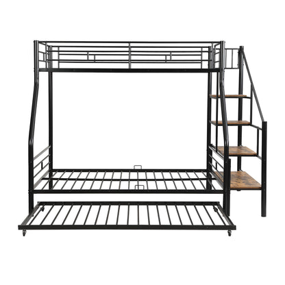 Twin Over Full Metal Bunk Beds with Trundle,Heavy-Duty Metal Bunk Bed Frame with Storage Staircase for Kids,Teens,Adults,Space-Saving,Black