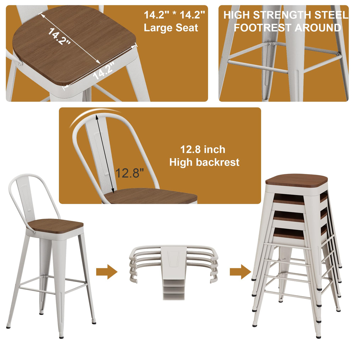 Andeworld Metal Bar Stools Set of 4, 24 inch Counter Height Barstools with Backs Farmhouse Modern High Back Bar Stools with Larger Seat Kitchen Dining Bar Chairs,Off White Andeworld