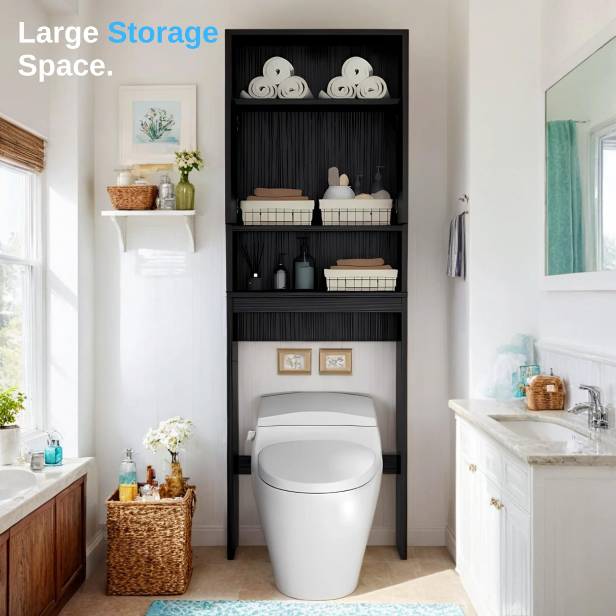 Tydaris Over The Toilet Storage Cabinet – Wood Bathroom Shelf Above Toilet with Double Doors, Bathroom Storage Cabinet Organizer, Black Tydaris