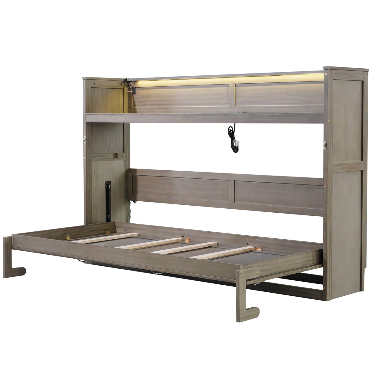 TCMILA Twin XL Size Murphy Cabinet Bed with Open-Ended Storage Shelf and LED, USB-Ports, Folded Horizontal Murphy Hidden Dresser Bed, No Box Spring Needed, Wash Gray TCMILA