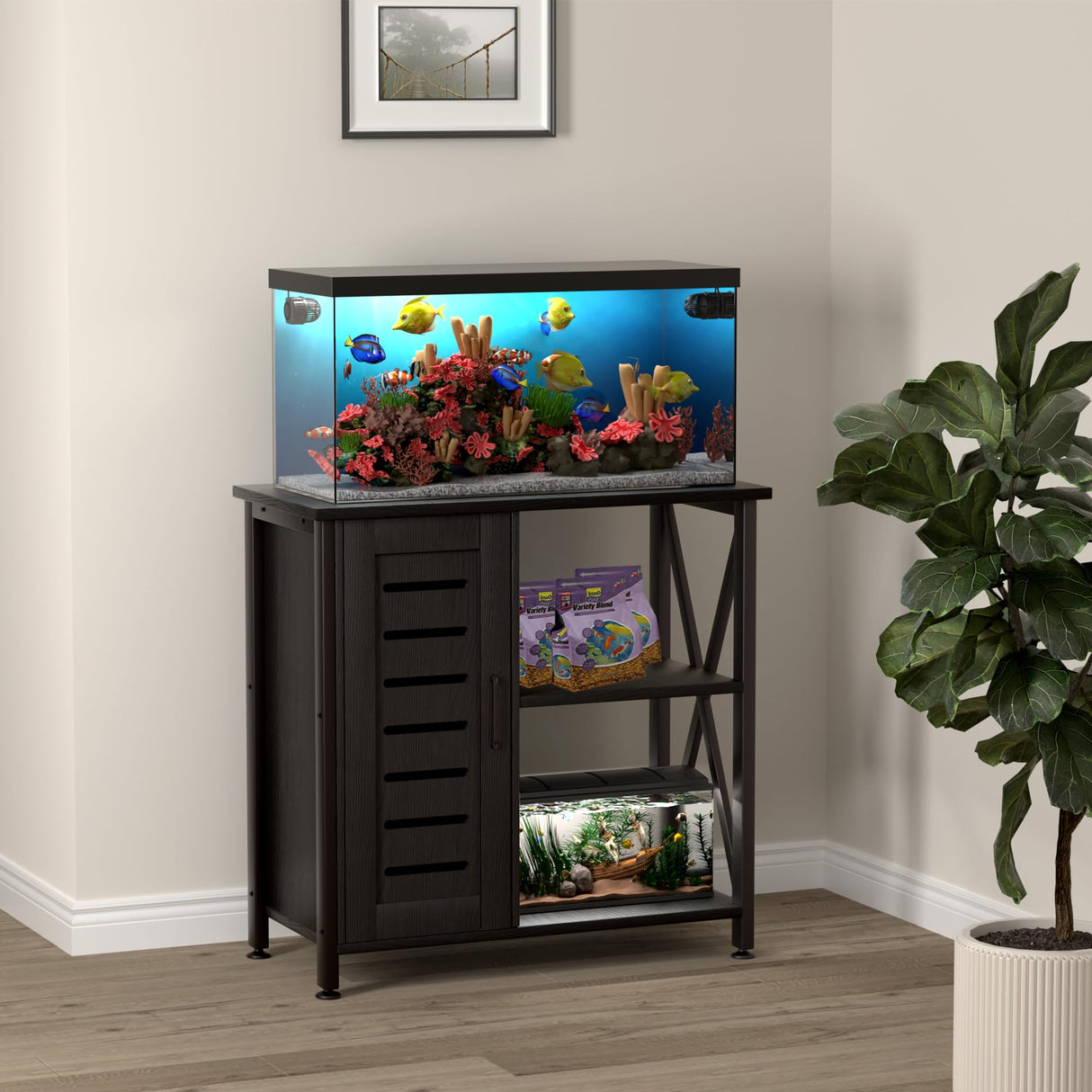 Herture 20-29 Gallon Fish Tank Stand, Aquarium Stand with Cabinet Accessories Storage, Heavy Duty Metal Frame, 31.49" L*15.74" W Tabletop, 330LBS Capacity, Black PG07YGB Herture