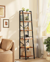 Furologee 6 Tier Ladder Shelf,Tall Bookshelf with 2 Hooks,Industrial Bookcase Standing Shelf Unts,Corner Storage Organizer for Living Room,Bedroom,Home Office,Bathroom,Rustic Brown Furologee