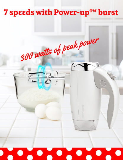 BETTY CROCKER Hand Blender 7 Speed, 250 Watt Electric Mixer with Beaters and Dough Hooks, Ergonomic Electric Hand Mixer for Home & Kitchen with Stand and Soft Touch Handle, White