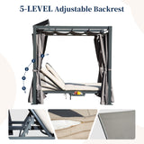 Domi Aluminum Outdoor Patio Daybed with Retractable Canopy Bed, Double Chaise Lounge Outdoor Grey Curtain with Beige Cushion & Cup Holder, for Outside Pool,Garden,Backyard,Lawn domi outdoor living