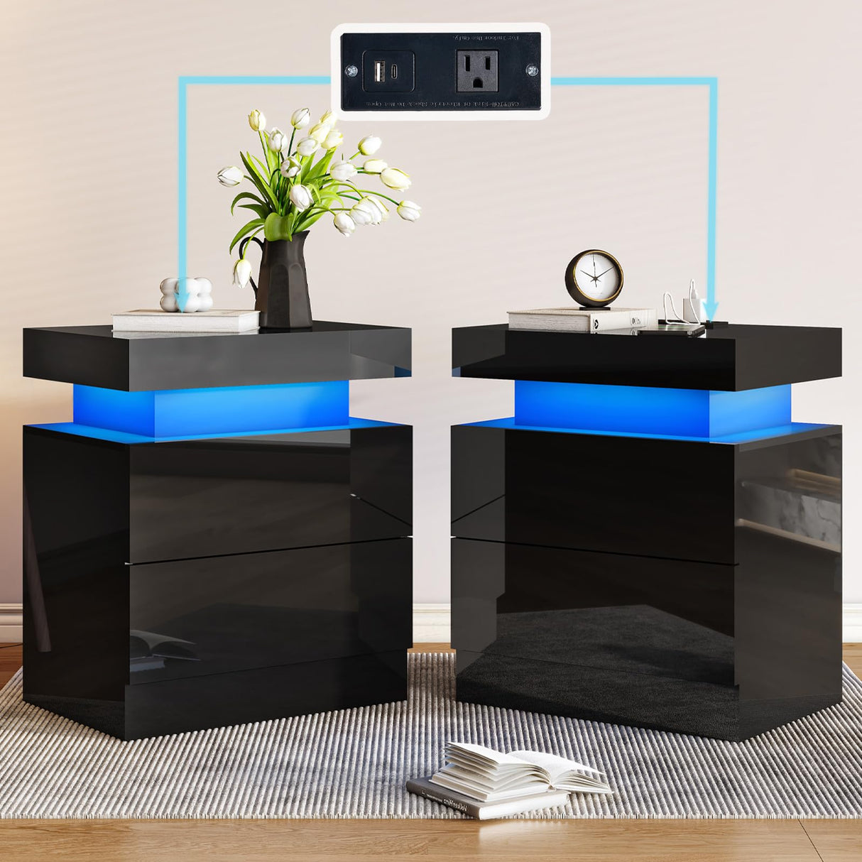 AMERLIFE High Gloss LED Nightstand Set of 2 with Charging Station, Modern Bedside Table Night Stand with LED Lights, Sofa End Side Tables with Drawers for Bedroom Living Room, Black AMERLIFE