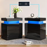AMERLIFE High Gloss LED Nightstand Set of 2 with Charging Station, Modern Bedside Table Night Stand with LED Lights, Sofa End Side Tables with Drawers for Bedroom Living Room, Black AMERLIFE