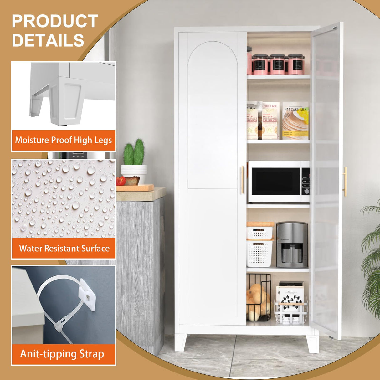 Nobilsteel 71''Metal Kitchen Storage Cabinet with 2 Doors and 4 Adjustable Shelves, 5-Tier Tall White Food Metal Pantry Storage Cabinet for Kitchen, Dining/Living Room Nobilsteel