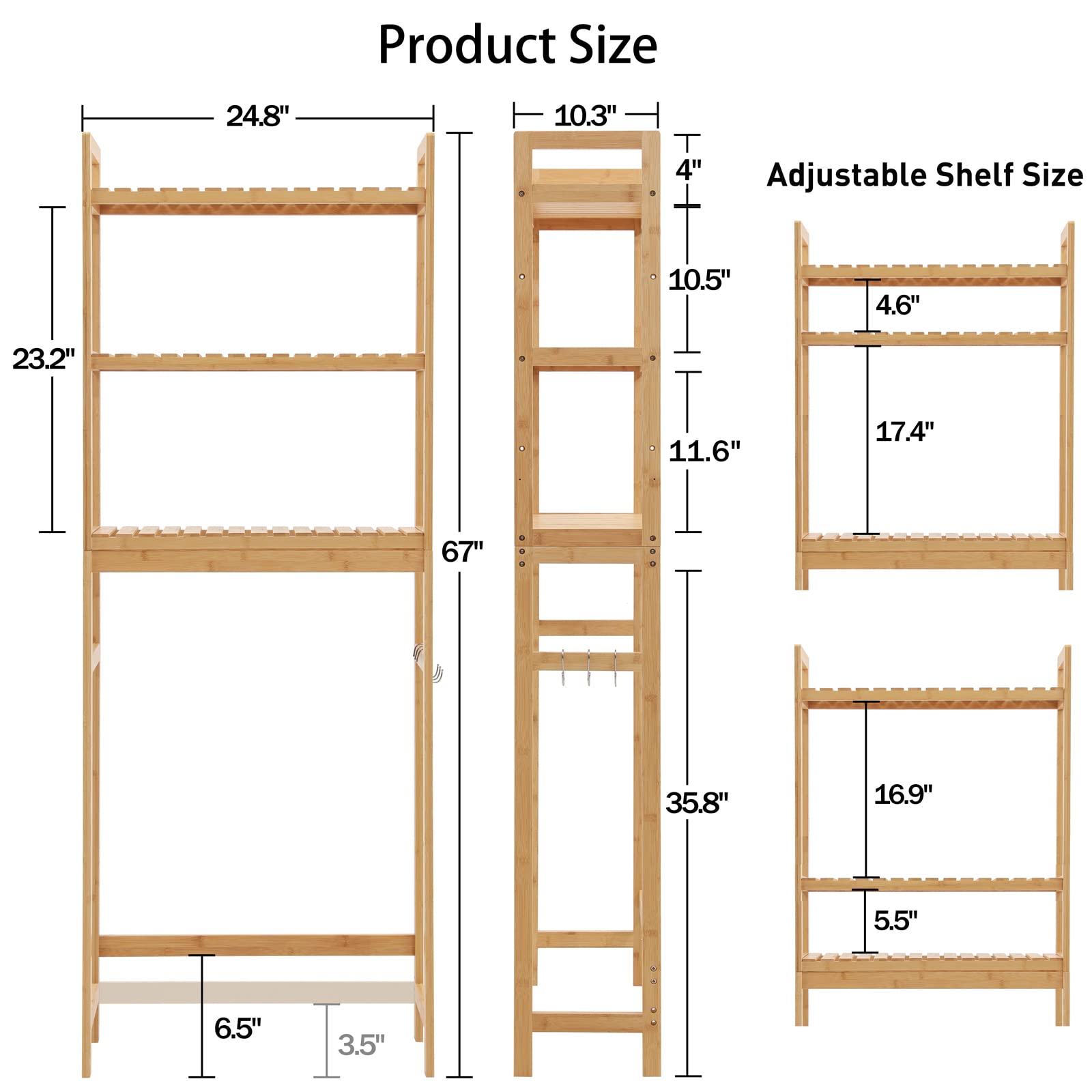 HITOMEN 3-Tier Bamboo Over The Toilet Storage Cabinet with Adjustable Shelves and Hooks - WoodArtSupply