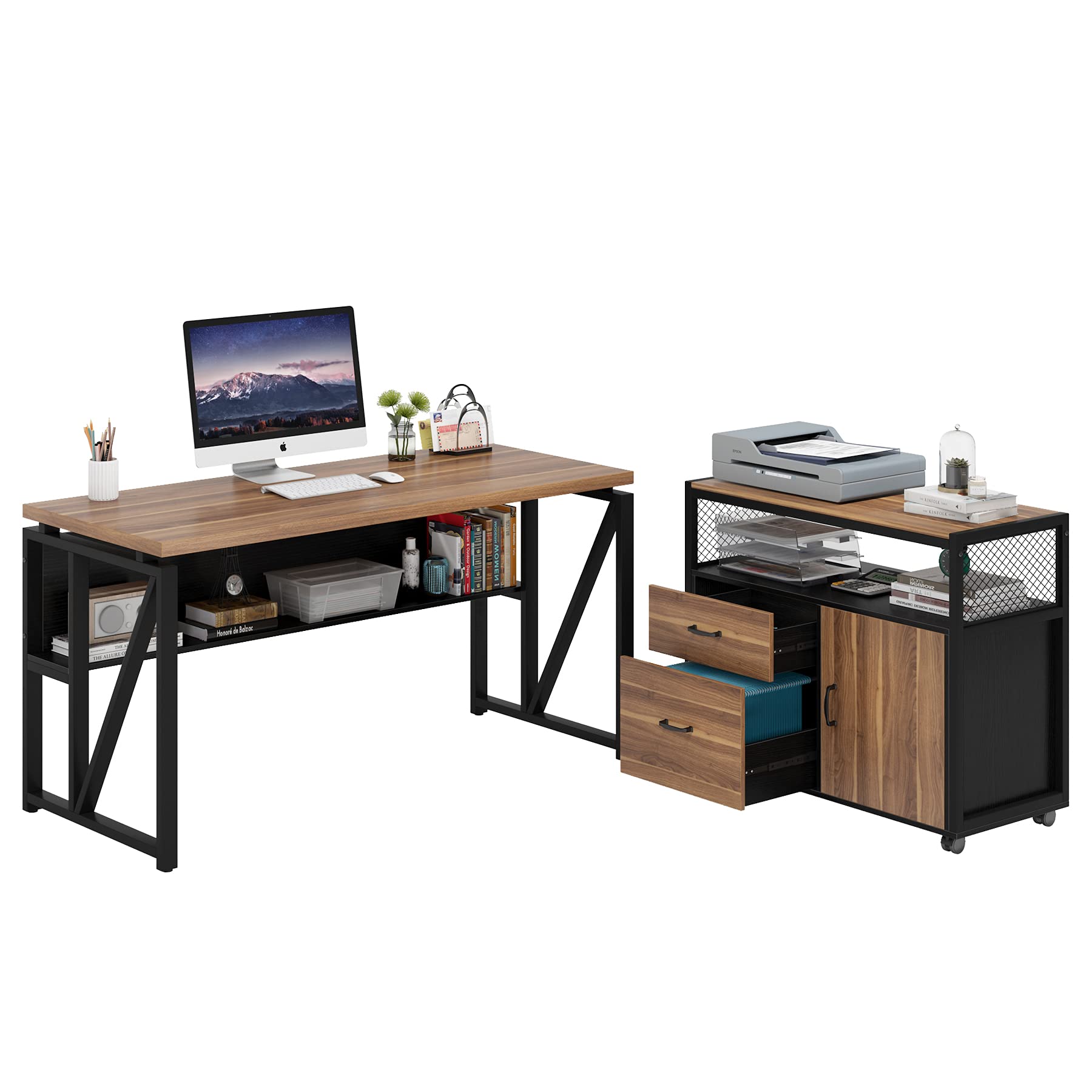 LITTLE TREE 55" Executive Computer Desk and lateral File Cabinet, L Shaped Office Desk for Home Office,Set Furniture,Walnut - WoodArtSupply