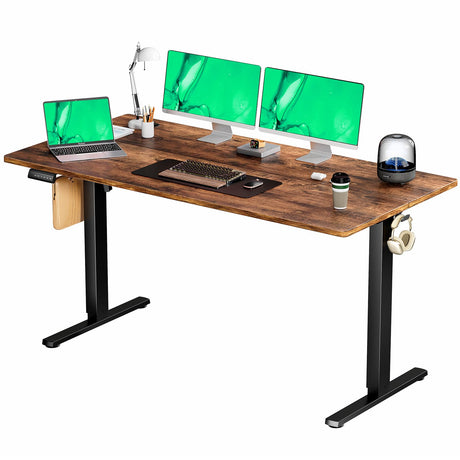 SMUG Standing Desk Adjustable Height, 63x24 Inch Electric Table with 3 Memory Preset & T-Shaped Metal Bracket Modern Computer Workstation with Splice Board for Home Office, Rustic Brown SMUG