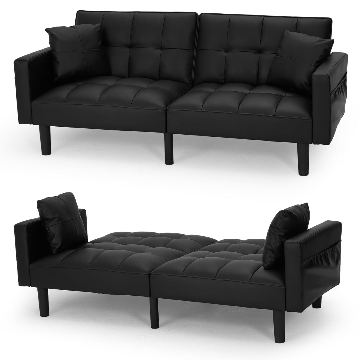 ECOTOUGE Faux Leather Futon Couch, Convertible Sofa Bed with Adjustable Back, Modern Sleeper Sofa for Living Room, Black ECOTOUGE