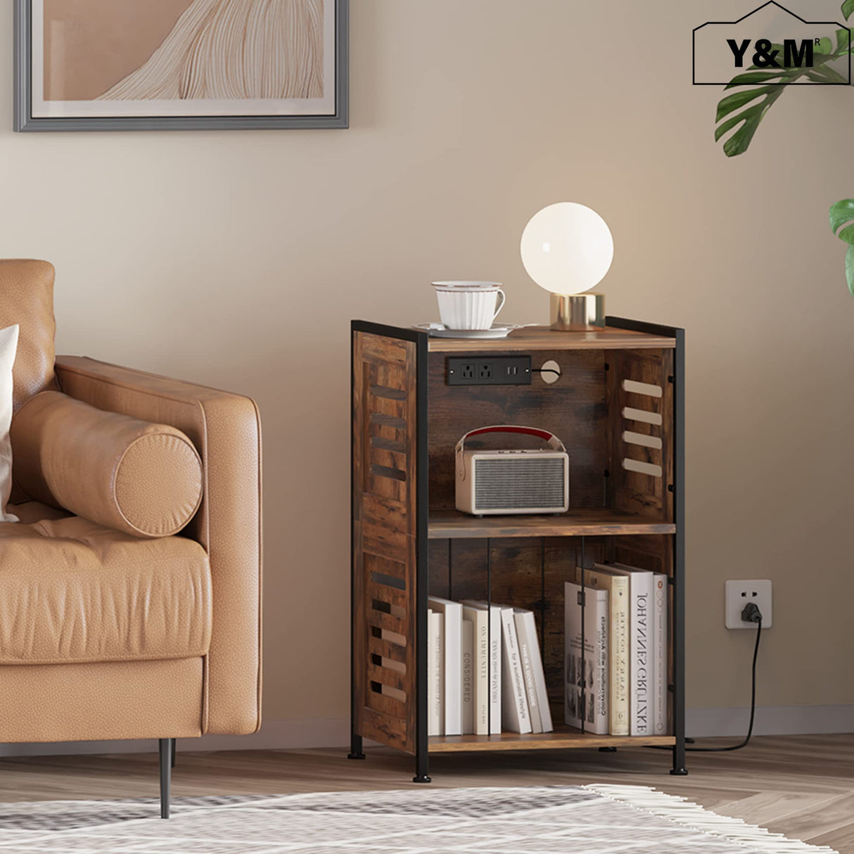 Y&M Record Player Stand, Vinyl Turntable Stand with Charging Station and USB Port, Record Display Table with Storage Cabinet, Turntable Holder, End Table, Nightstand for Bedroom, Living Room, Brown Y&M