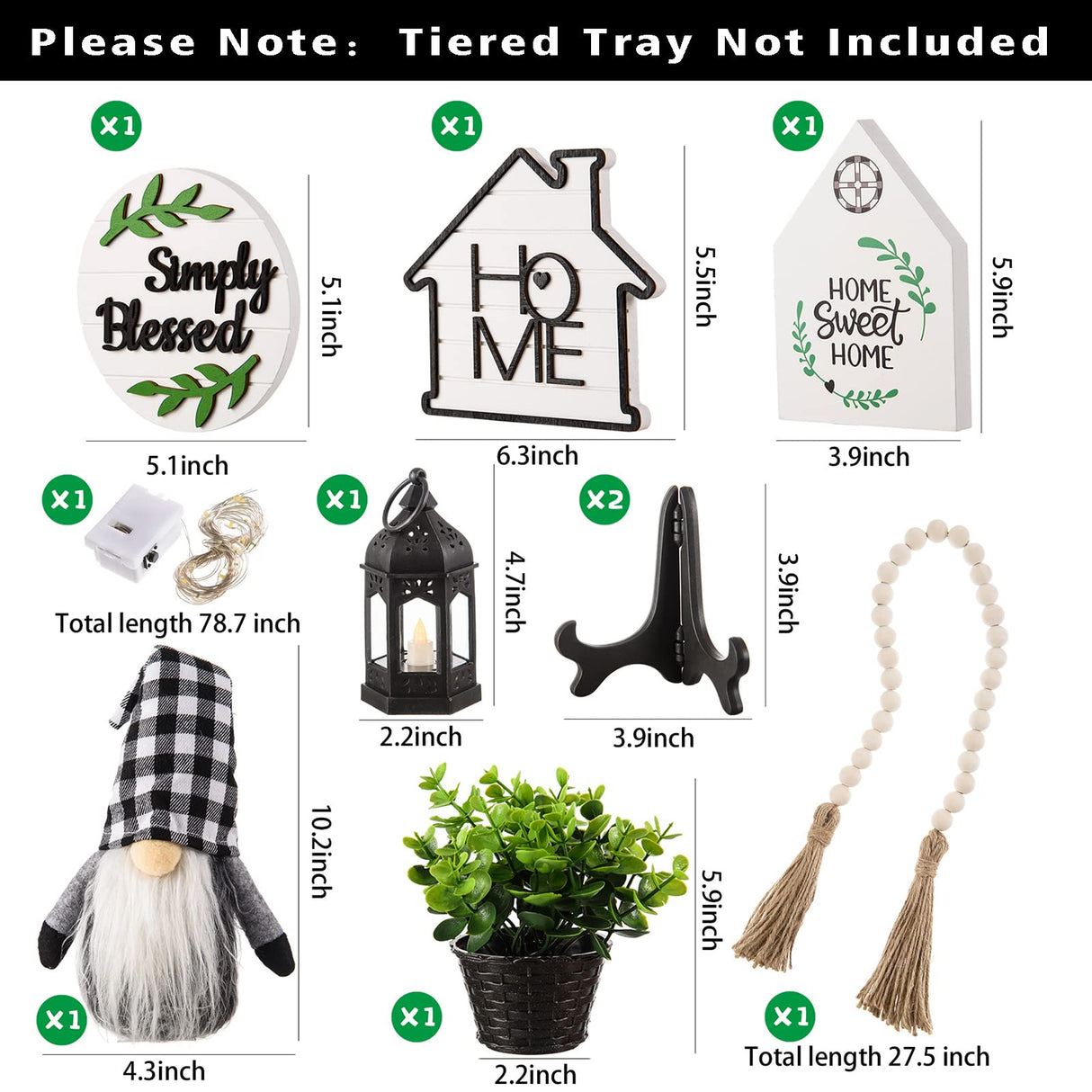 10 Pcs Farmhouse Tiered Tray Decor Rustic Wooden Home Decor Wood Bead Garland Sweet Wooden Sign with Artificial Succulents Plants Mini Candle Lantern for Farmhouse Home Kitchen(Tray Not Included) ARCHCRTC