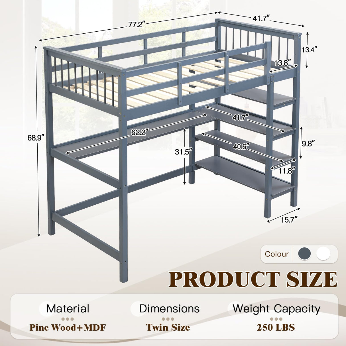 KINFFICT Loft Bed Full Size with Desk and Shelves, Heavy Duty Full Loft Bed Frame with Bookcase Storage, Solid Wood Lofted Bed Frame, Space-Saving, Noise Free, No Box Spring Needed KINFFICT
