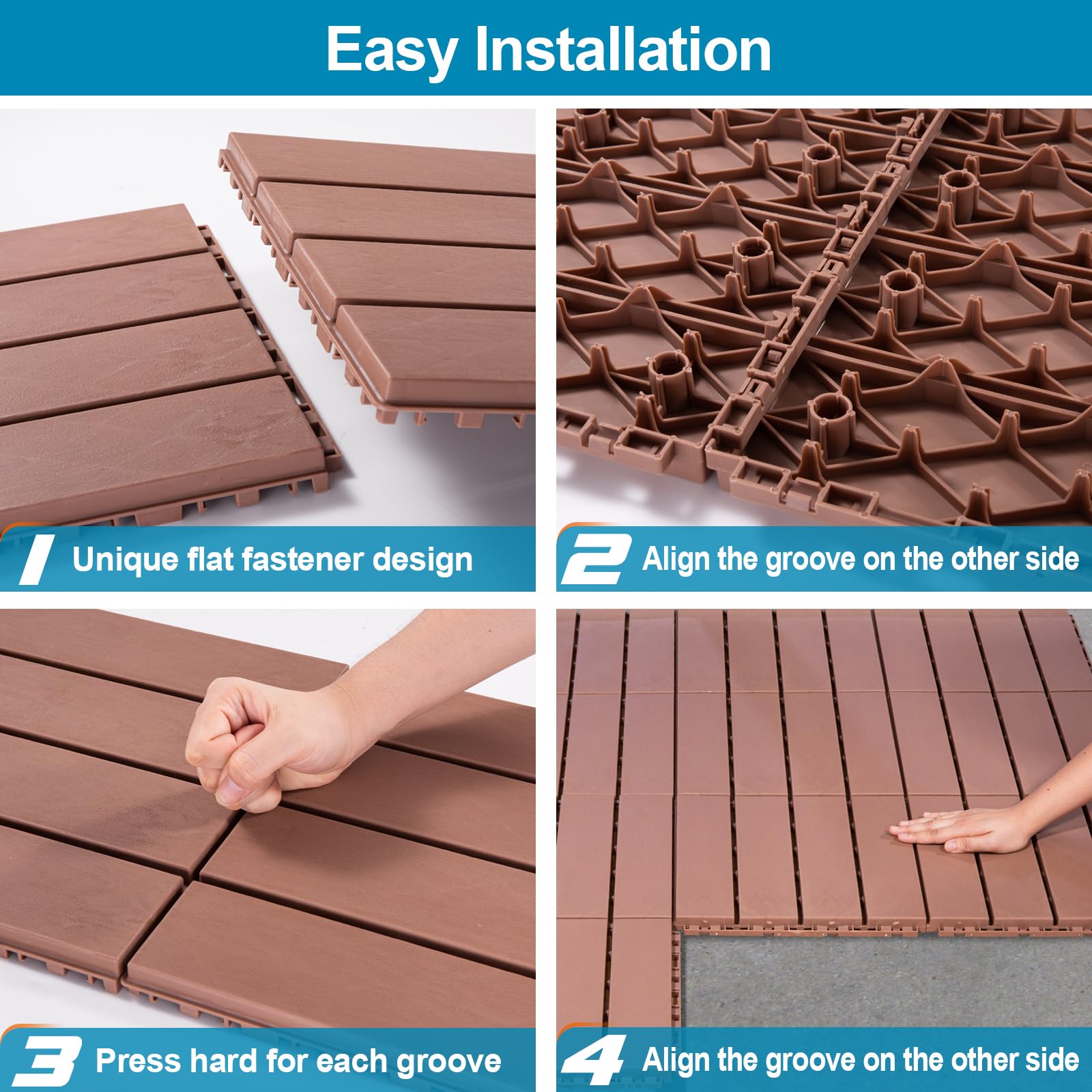 Spurtar Deck Tiles Interlocking Outdoor All Weather, 36 Pack (11.3"x11.3") 31.68 sqft, Plastic Interlocking Deck Tiles All Weather Use, Patio Floor Decking Tiles for Balcony Backyard, Brown - WoodArtSupply