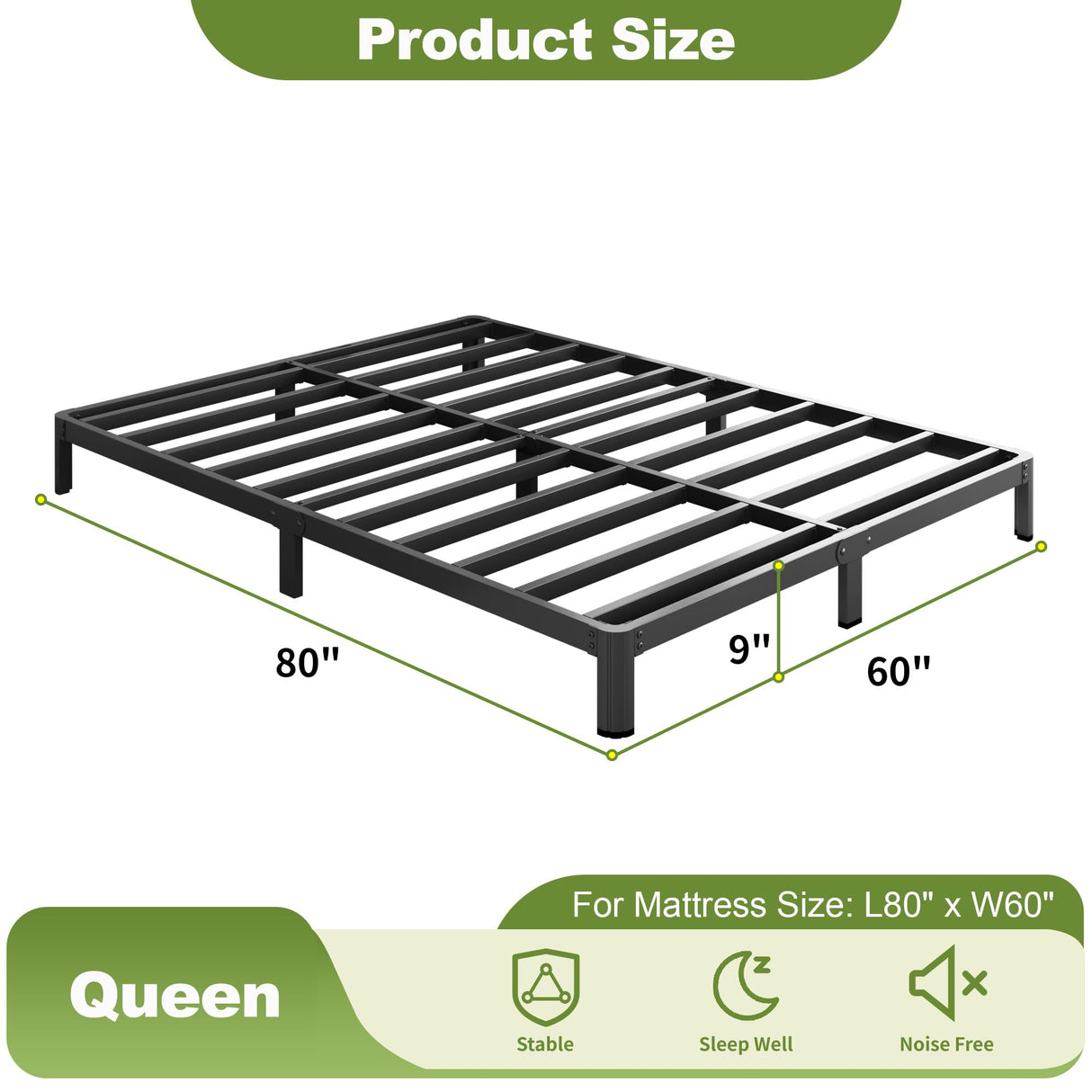 Yicensen 9 Inch Queen Bed Frame Rounded Corner Legs No Box Spring Needed, Heavy Duty Metal Queen Size Platform Bed Frame, Easy Assembly, Noise Free, Black Yicensen