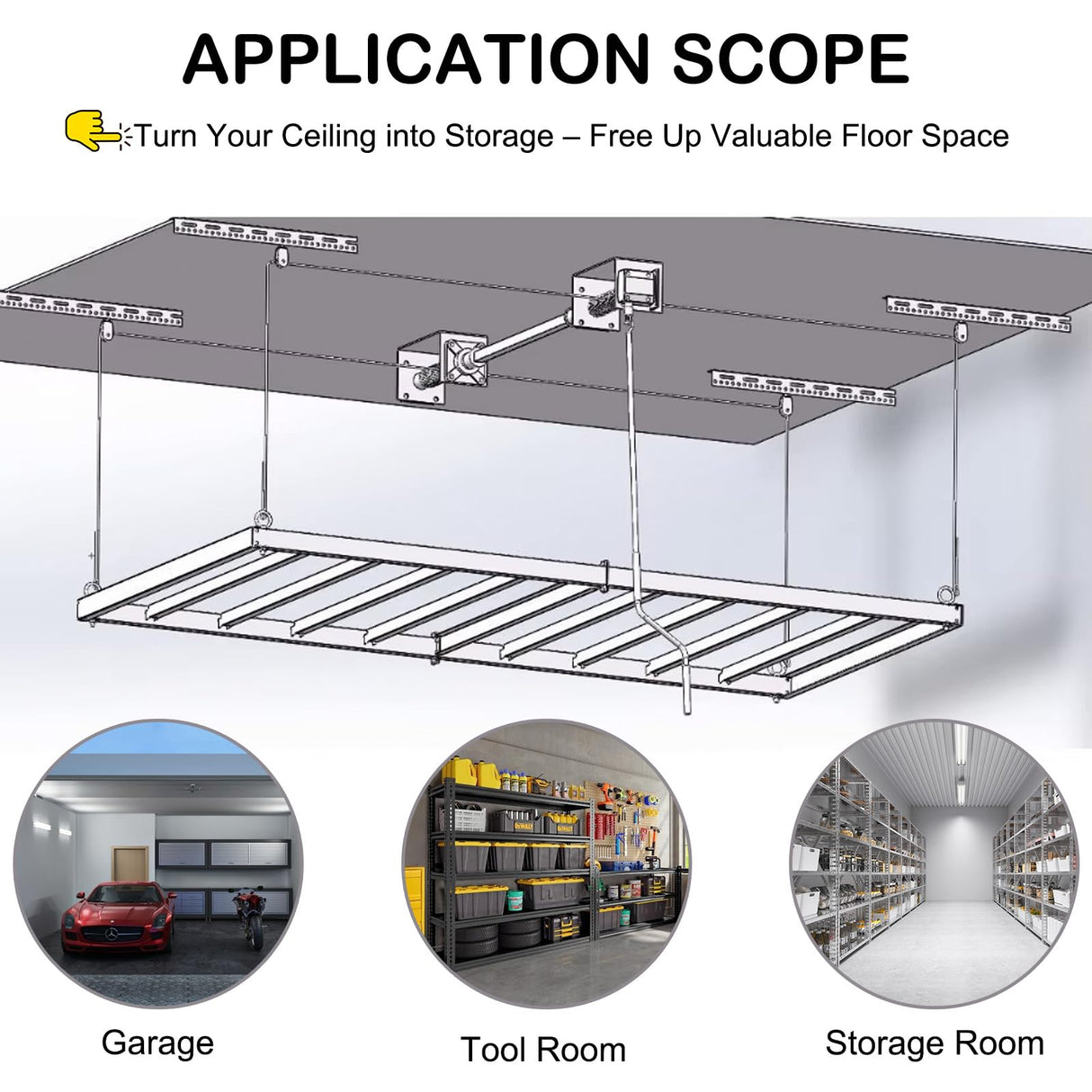 KIPPDURO Overhead Garage Storage Lift-4x8 FT Overhead Garage Storage Rack, with Safety Lock, Heavy-Duty Adjustable Ceiling Storage 325 lbs Capacity Suitable for Tools Kayaks Ladder Storage Racks KIPPDURO
