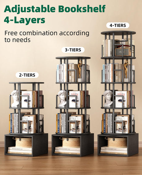 Kalrin 5 Tier Rotating Bookshelf with Extra Storage Cabinet, 360°Spinning Corner Bookshelf, Floor Standing Bookcase for Kids & Adult, Narrow Book Shelf for Bedroom Living Room, Pure Black Kalrin