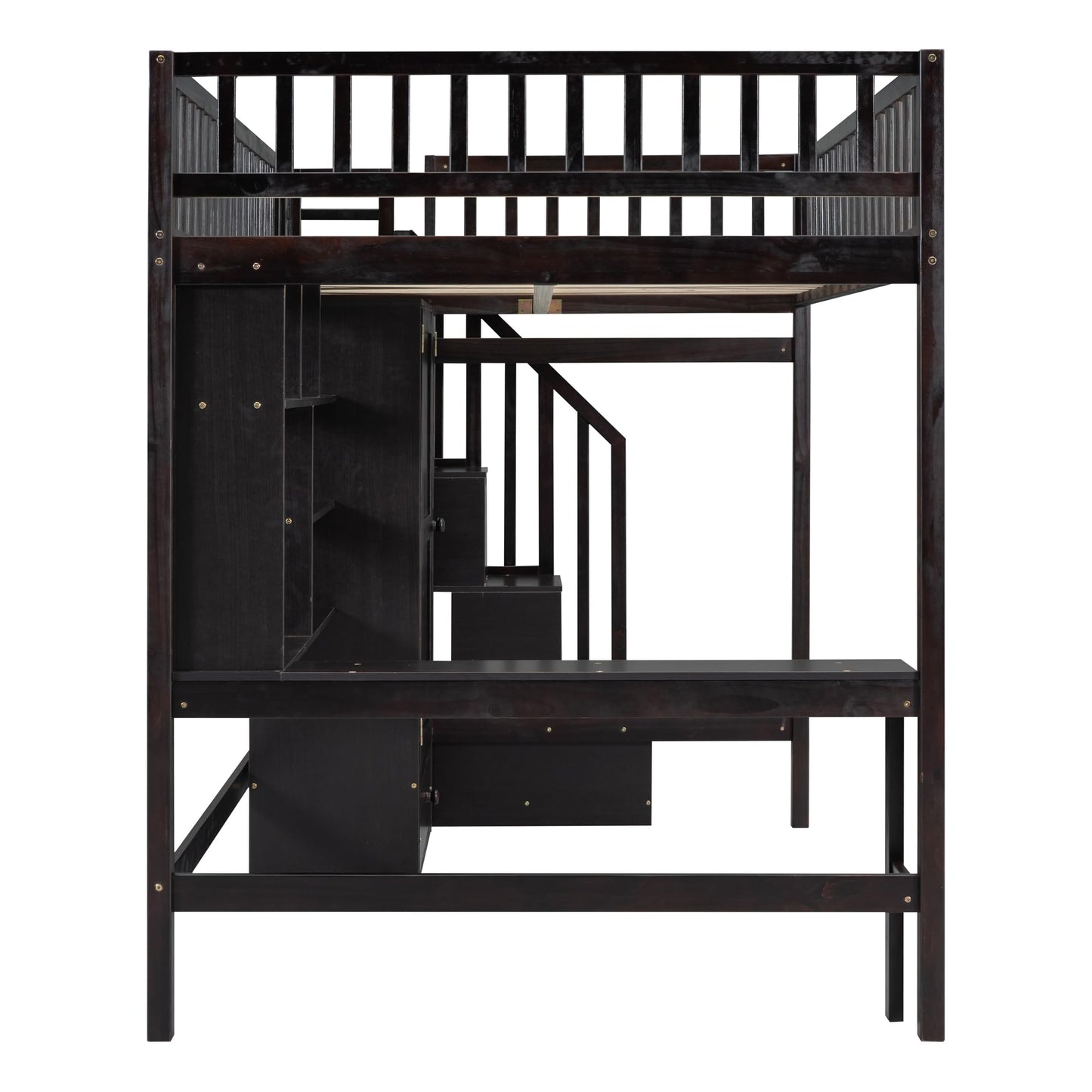 Espresso Full Size Loft Bed with Storage Stairs, Desk, Bookshelf, and Wardrobe by Harper & Bright Designs - WoodArtSupply