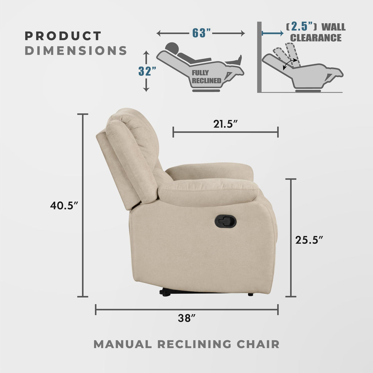 Lexicon Manual Recliner Sofa Chair, Home Theater Seating, Wall Hugger Manual Reclining Nursery Chair for Bedroom/Living Room/Office/Apartment, Oatmeal Textured Fabric Lexicon