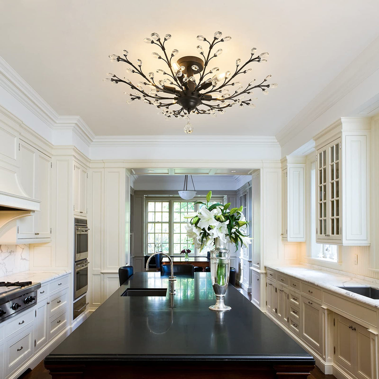 CVKASH 5 - Light Vintage Small Crystal Chandelier Modern Semi Flush Mount Ceiling Light Fixture Chandelier Lighting for Kitchen Bedroom Living Room Dining Room Hallway Foyer（Black） CVKASH