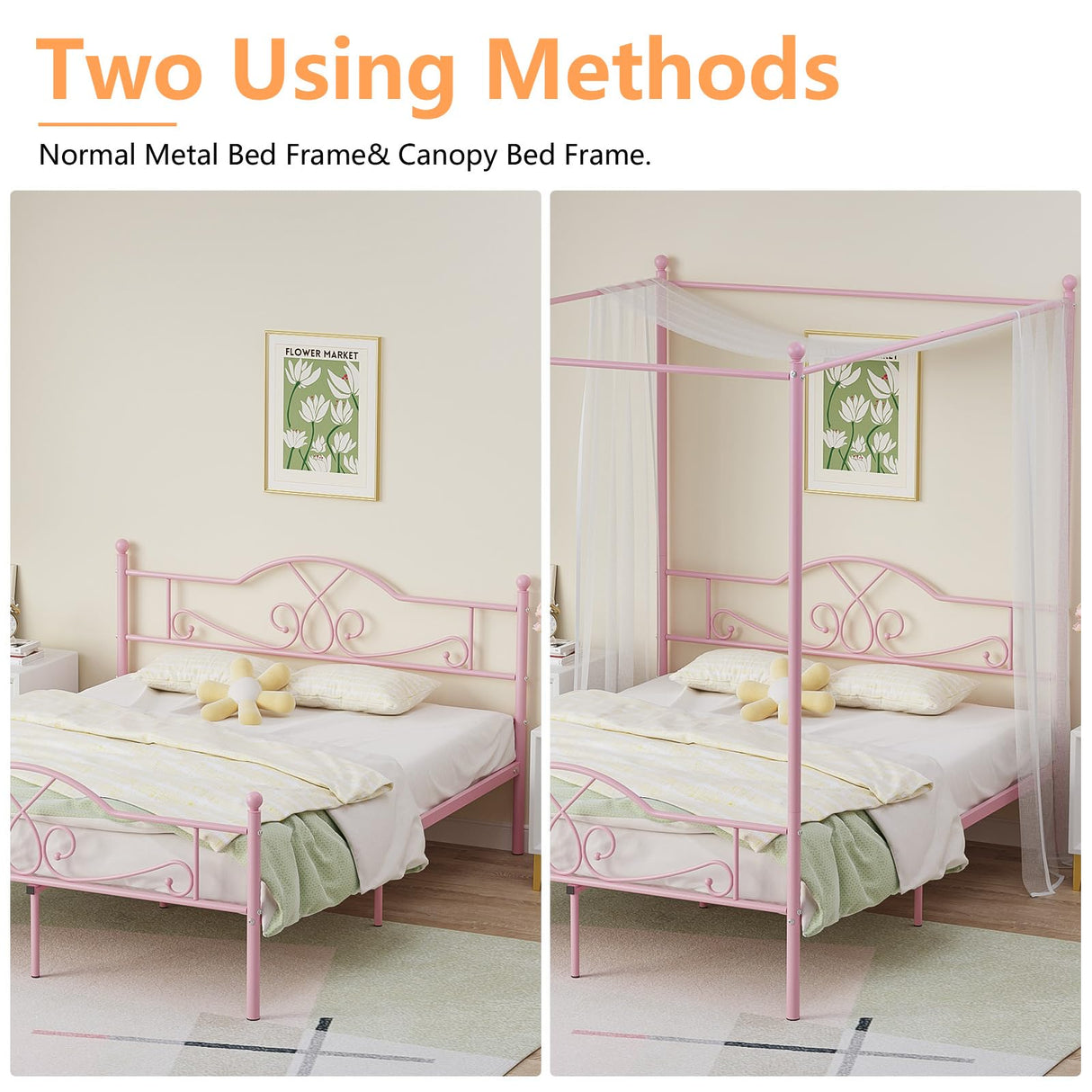Weehom Full Canopy Bed Frame with Headboard and Footboard, Four-Poster Metal Canopied Platform Bed Mattress Foundation Underbed Storage Space No Box Spring Needed for Girls Adults Pink Weehom