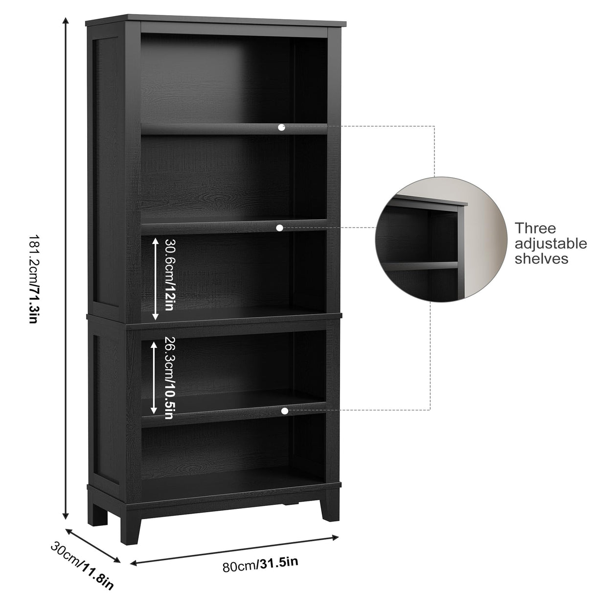 IDEALHOUSE 71" Farmhouse Bookshelf w/Adjustable Shelves & 31.5 in Whidth, 5 Tier Tall Bookshelf with Wooden Legs, Vintage Wooedn Book Shelf for Living Room Office (Black, 71.3" H x 31.5" W x 11.8" D) IDEALHOUSE