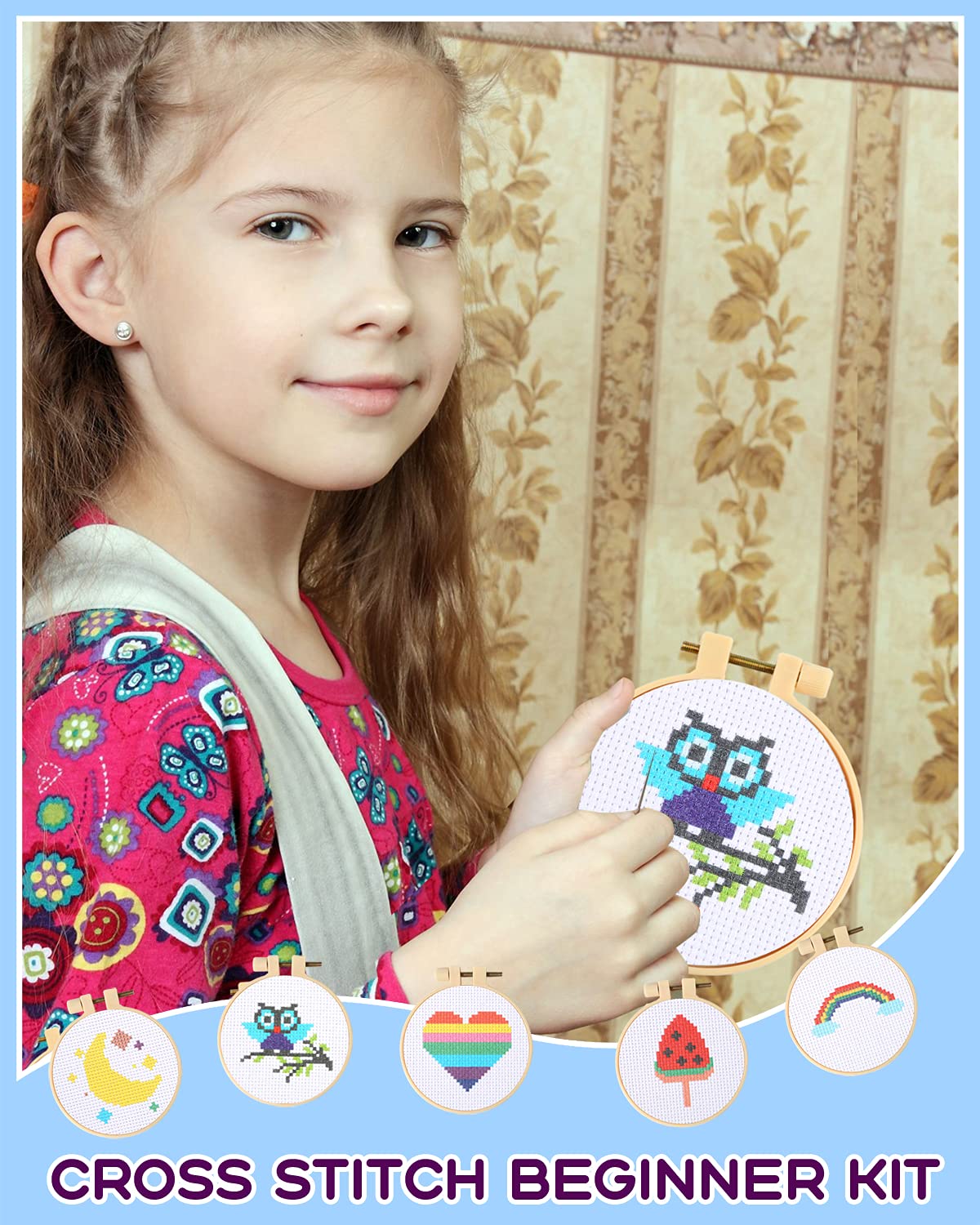 Pllieay Cross Stitch Beginner Kit for Kids 7-13, Includes 6pcs Project Cross Stitch Pattern and 2pcs Hoops, 12 Skeins, Needle Point Starter Kit Sewing Set with Instructions for Christmas Gift Pllieay