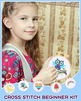 Pllieay Cross Stitch Beginner Kit for Kids 7-13, Includes 6pcs Project Cross Stitch Pattern and 2pcs Hoops, 12 Skeins, Needle Point Starter Kit Sewing Set with Instructions for Christmas Gift Pllieay