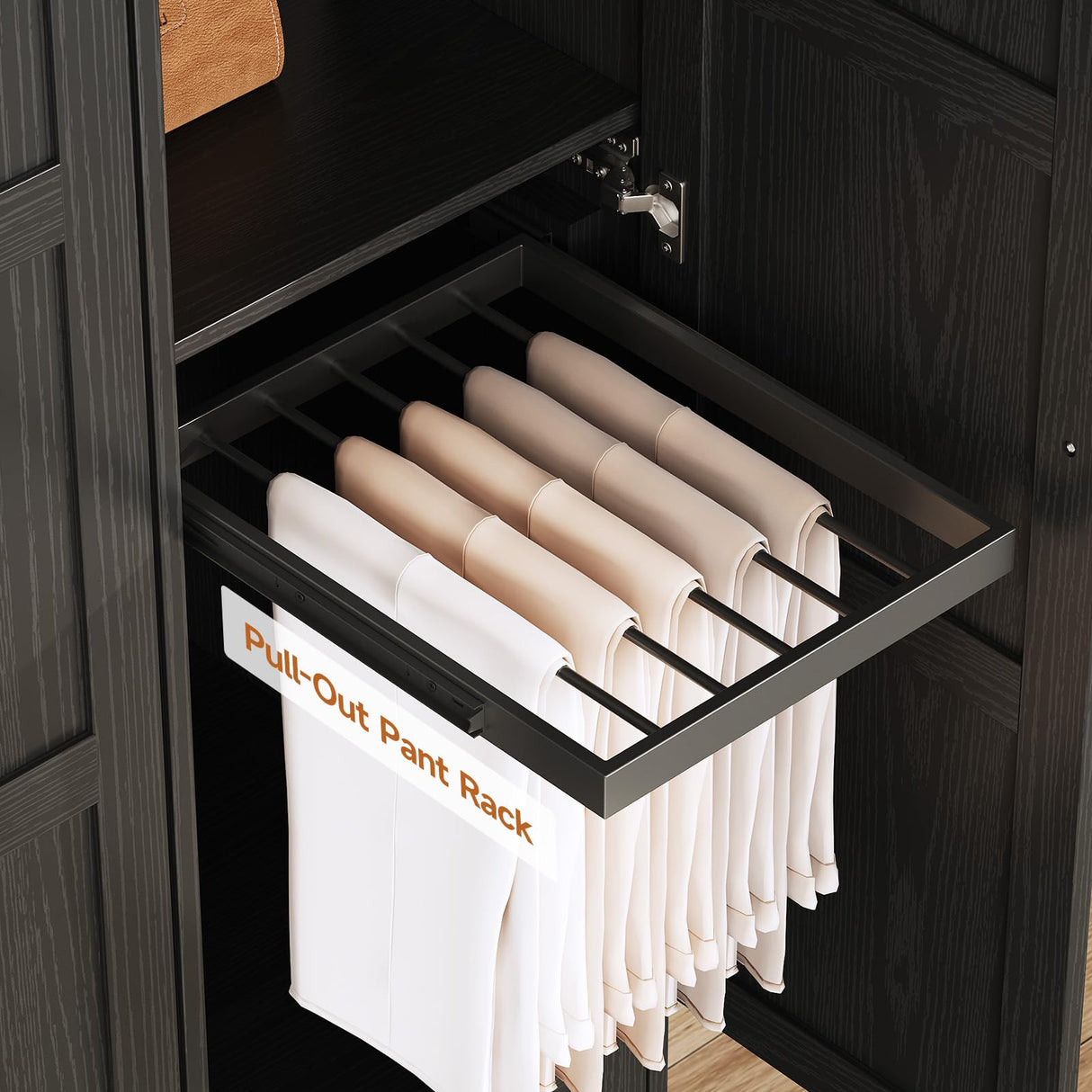 ONBRILL 3 Doors Wooden Wardrobe Closet Armoire with Pull Out Pants Rack, Bedroom Large Capacity Armoire with Drawers and Shelves, Storage Cabinet for Hanging Clothes, Black ONBRILL