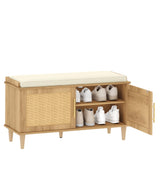 Akxomel Natural Rattan Shoe Storage Bench with Cushion, Entryway Shoe Cabinet Bench with 2 Doors, 15"D x 39.4"W x 20"H, Wooden Shoe Organizer, Adjustable Shelf, Solid Wood Legs, for Hallway, Bedroom Akxomel