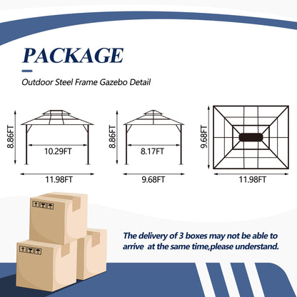 GARTOO 10’x12’ Patio Polycarbonate Canopy Gazebo, Outdoor Double Roof Gazebo with Steel Frame, Backyard Gazebo with Breathable Netting and Curtains - Perfect for Patio, Lawn, Garden, Poolside