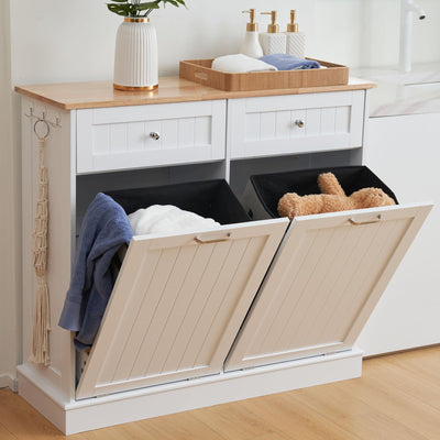 AHB Double Tilt Out Trash Cabinet Kitchen Trash Bin Cabinet 2x13 Gallons Free Standing Recycling Trash Can Cabinet with Hideaway Drawers Pet Proof Trash Can Holder for Kitchen Living Room, White