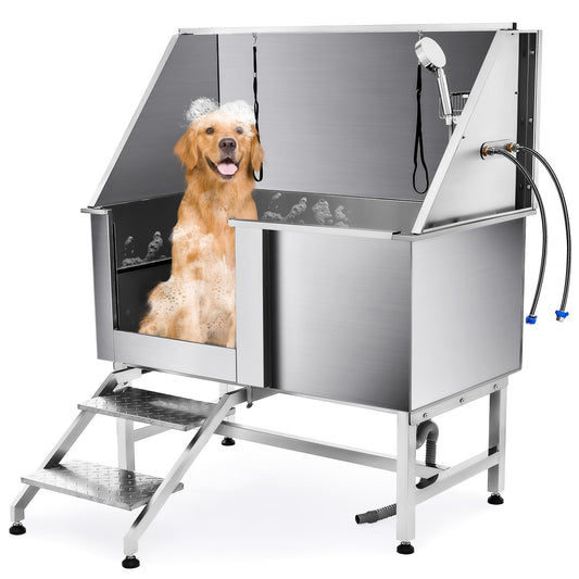 CO-Z 50" Stainless Steel Dog Washing Station for Large Dogs, Dog Grooming Tub for Home, Professional Dog Bathtub Bathing Station, Pet Wash Station, Dog Shower Tub with Stairs, Left Drain & Door