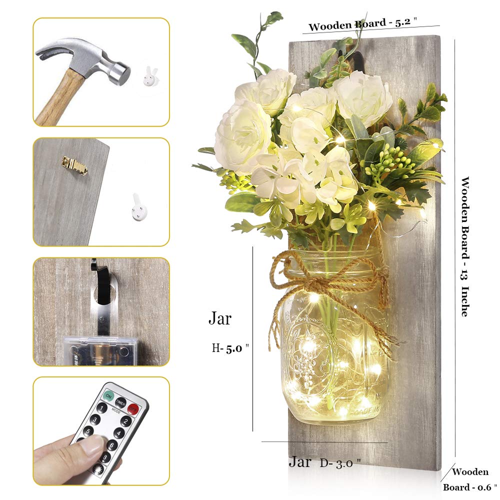 Wall Decor Mason Jar Sconces - Home Decor Wall Art Hanging Design with Remote Control LED Fairy Lights and White Rose, Farmhouse Wall Decorations for Bedroom Living Room Lights Set of Two Homecor