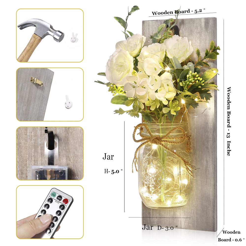 Wall Decor Mason Jar Sconces - Home Decor Wall Art Hanging Design with Remote Control LED Fairy Lights and White Rose, Farmhouse Wall Decorations for Bedroom Living Room Lights Set of Two - WoodArtSupply