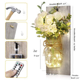 Wall Decor Mason Jar Sconces - Home Decor Wall Art Hanging Design with Remote Control LED Fairy Lights and White Rose, Farmhouse Wall Decorations for Bedroom Living Room Lights Set of Two Homecor