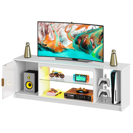 Bestier LED TV Stand for 55/60/65 Inch TV, Gaming Entertainment Center with Cabinet for PS5, Xbox, Fluted TV Console with Adjustable Glass Shelves for Living Room, Bedroom 57 Inch,Bright White Bestier