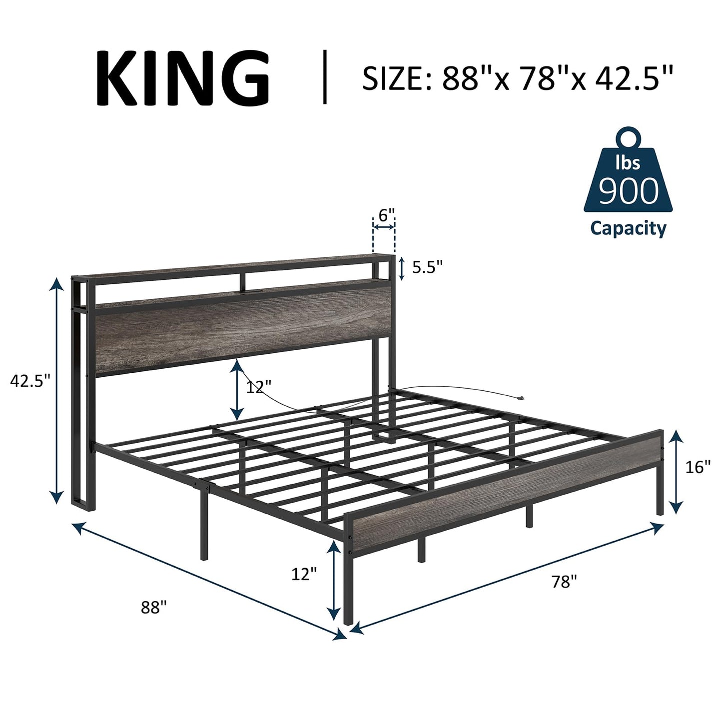 AMERLIFE King Size Industrial Platform Bed with Charging Station and 2-Tier Storage Headboard in Rustic Grey - WoodArtSupply