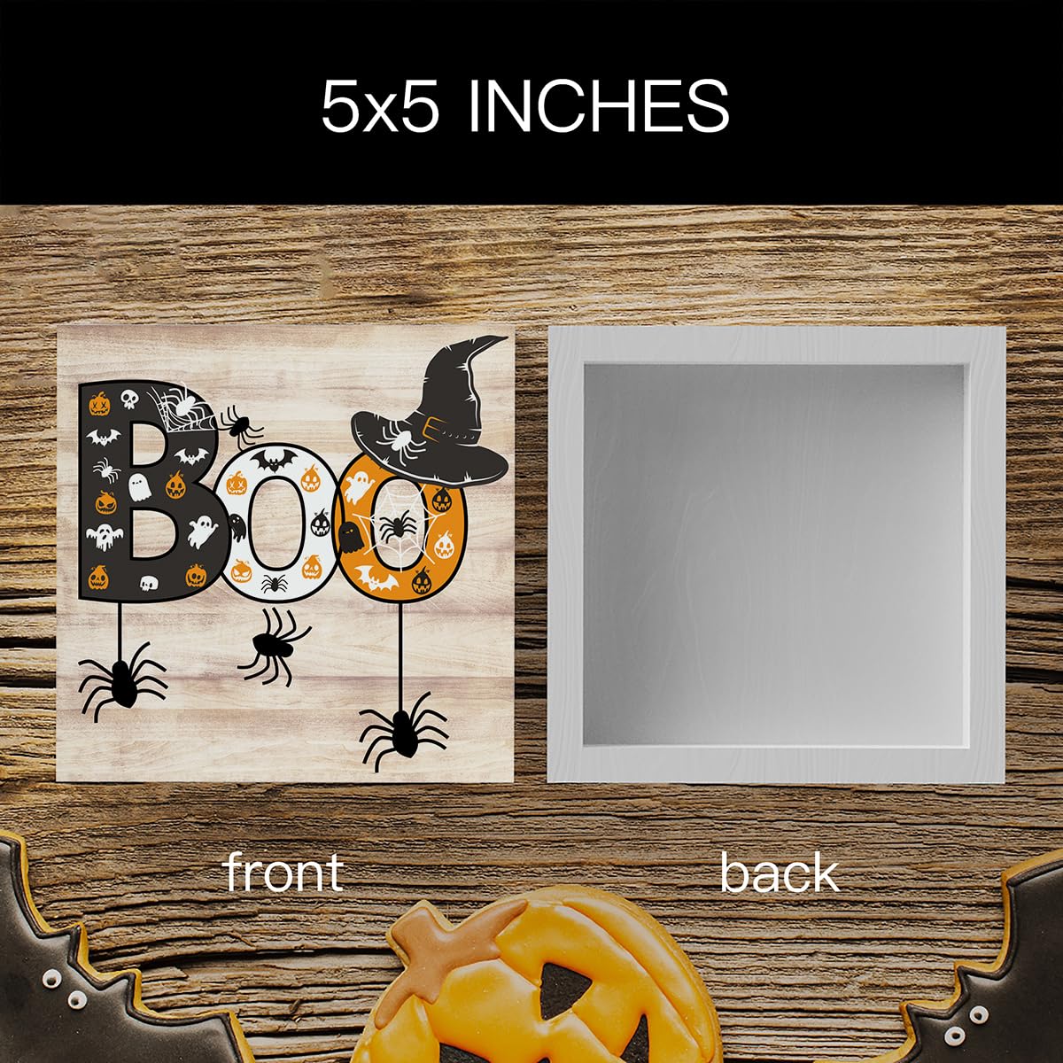Rustic Boo Witch Spider Halloween Wooden Box Sign Cute Fall Sign Decor Farmhouse Decorative Wood Box Sign Block Plaque for Wall Desk Home Bathroom Decoration 5 x 5 Inches WRSUNT