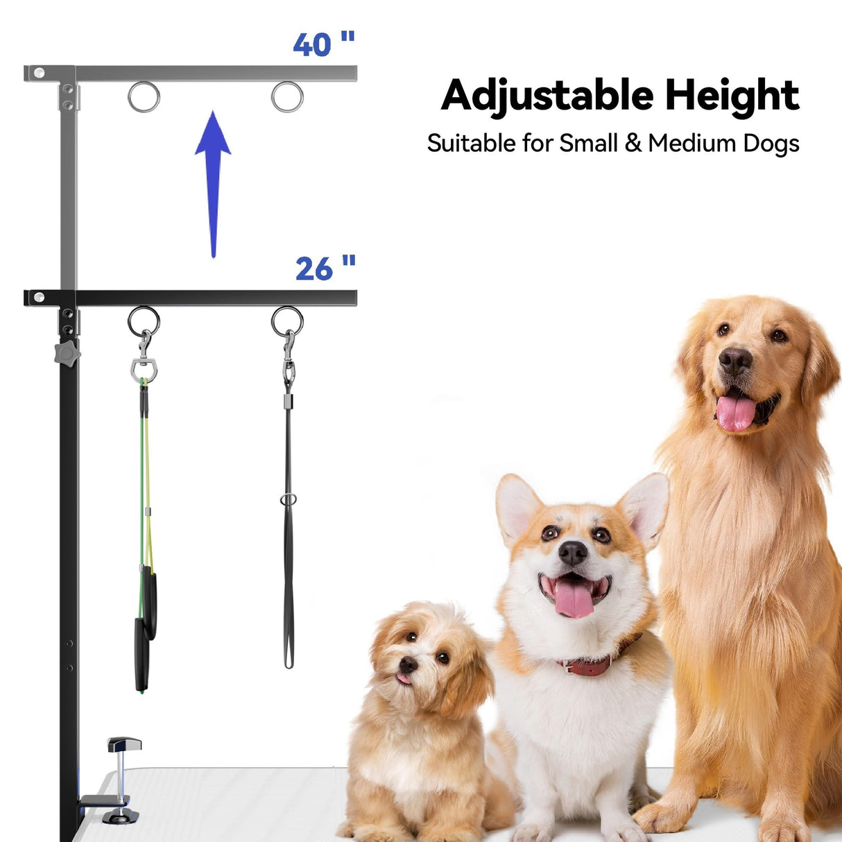 Foldable Dog Grooming Arm with Clamp: Adjustable Height 26"-40", Dog Grooming Table Arm with Hammock and No-Sit Holder, Grooming Restraint for Small Medium Dogs at Home or Salon Josmimic