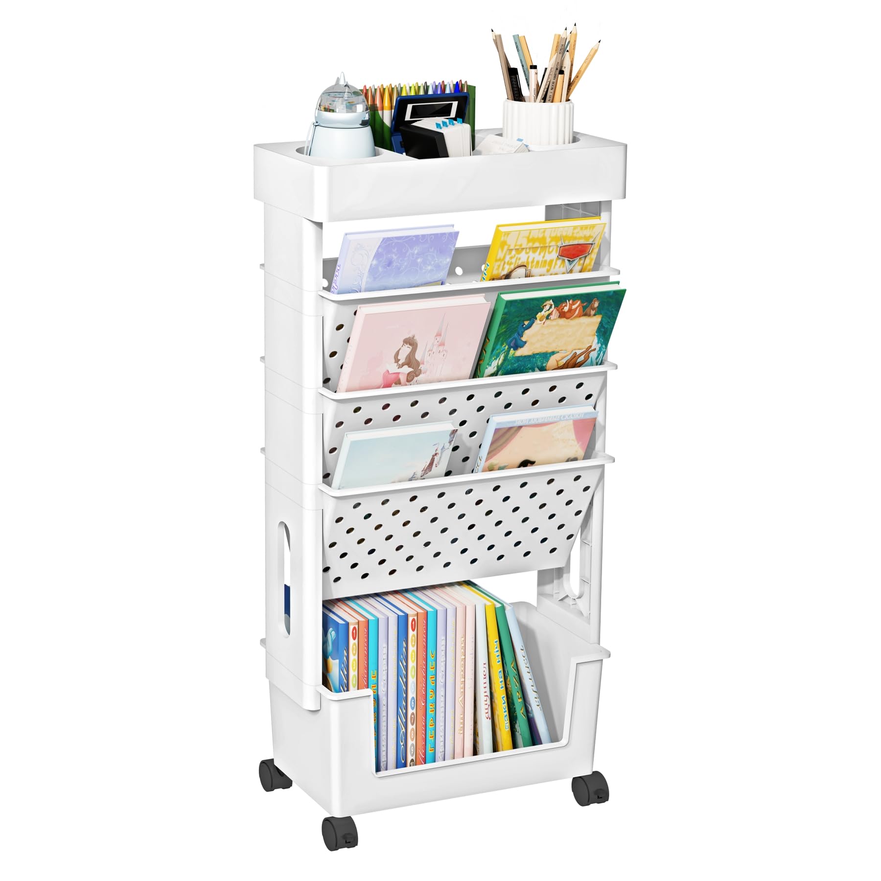 YEMUNY 5 Tier Rolling Utility Cart Multi-Functional Movable Storage Book Shelves with Lockable Casters for Study Office Kitchen Classroom, White - WoodArtSupply