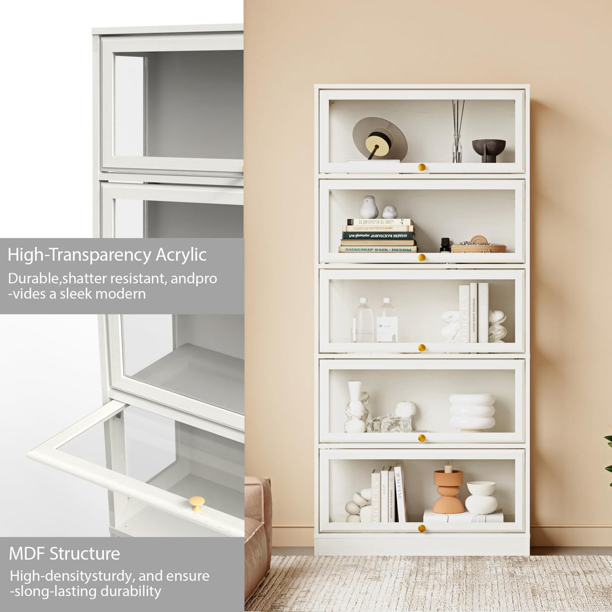 Boniture Display Cabinet with Acrylic Glass Doors,5-Tiers Curio Cabinet with LED Lighting for Collectibles, Collectibles Toy Organizers Rack & Display Shelf Display Case Storage Cabinet, Antique White BONITURE