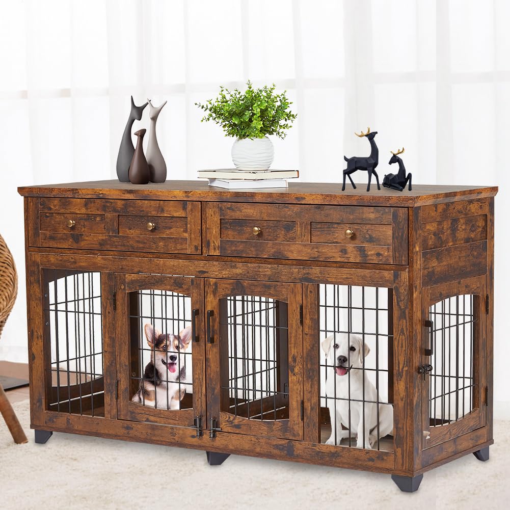 2 Rooms Dog Crate Furniture with Openable Partition,58" Wooden Dog Crate Table with 2 Drawers,5-Doors Dog Furniture,Indoor Dog Kennel,Dog House,Dog Cage,TV Stand (Brown) Knowfunn