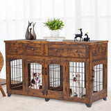 2 Rooms Dog Crate Furniture with Openable Partition,58" Wooden Dog Crate Table with 2 Drawers,5-Doors Dog Furniture,Indoor Dog Kennel,Dog House,Dog Cage,TV Stand (Brown) Knowfunn