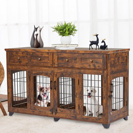 2 Rooms Dog Crate Furniture with Openable Partition,58" Wooden Dog Crate Table with 2 Drawers,5-Doors Dog Furniture,Indoor Dog Kennel,Dog House,Dog Cage,TV Stand (Brown) Knowfunn