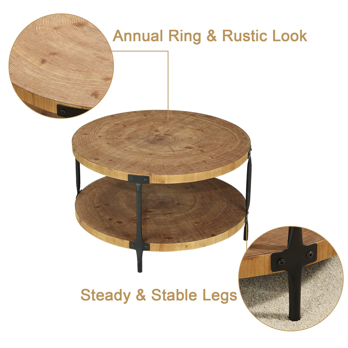 Awescuti Round Boho Wood Coffee Table - 31.5" Farmhouse Natural Circle Wooden 2-Tier Coffee Tables Living Room Furniture, Natural Wood Color, 31.5" D x 18.3" H Awescuti